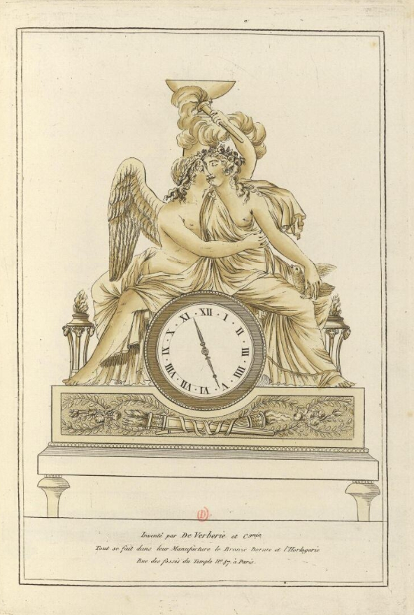 Pendule avec Cupidon et Minerve enlacés.