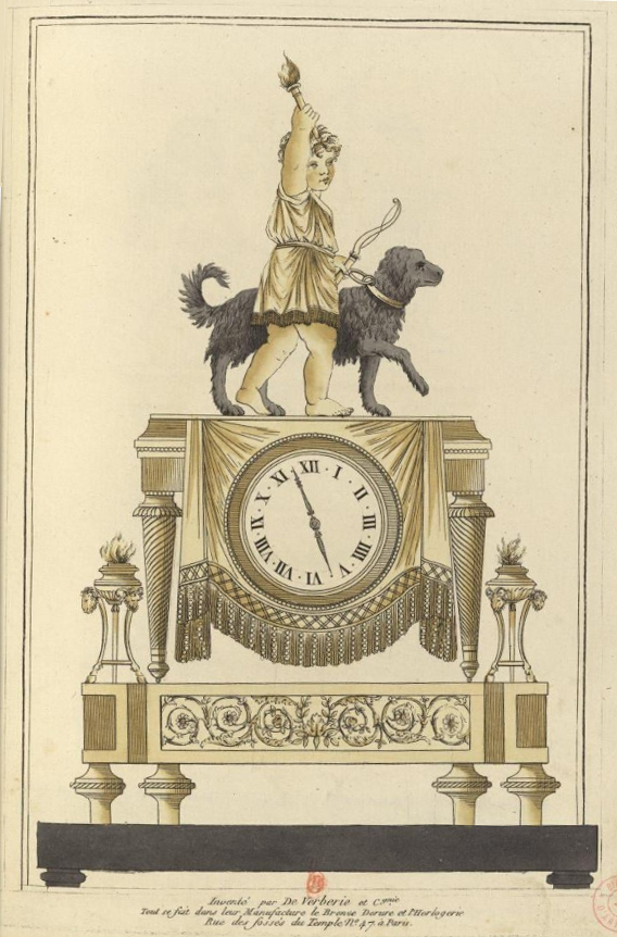Pendule avec enfant portant un flambeau et son chien.