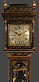 An extremely early, 18C, blue ground, gilt chinoiserie lacquer, 8 day, longcase clock with quarter chiming movement by William Atkinson of Sheffield.