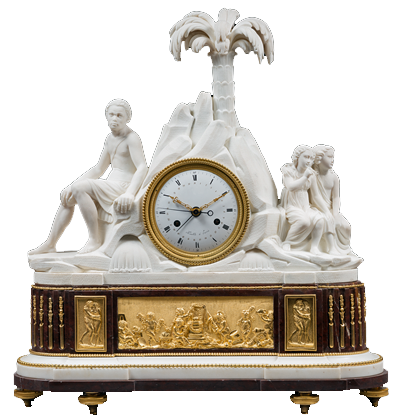Dieudonné Kinable 
Important Gilt Bronze and Marble Mantel Clock
“Domingue, Paul and Virginie”
Paris, Directoire period, circa 1795 
