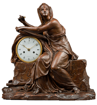 Terra Cotta Case Attributed to Louis-Simon Boizot or his Workshop
Rare Terra Cotta “Egyptian” Mantel Clock 
Egyptian Urania or Allegory of Geometry 
Paris, Consulate period, circa 1800